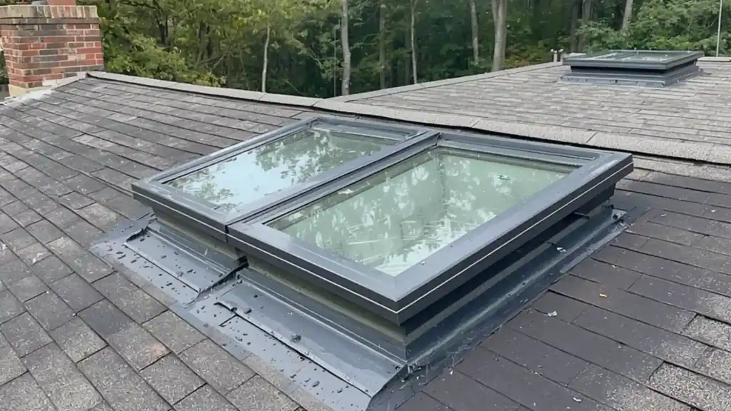 Damaged roof flashing around chimney causing water leaks