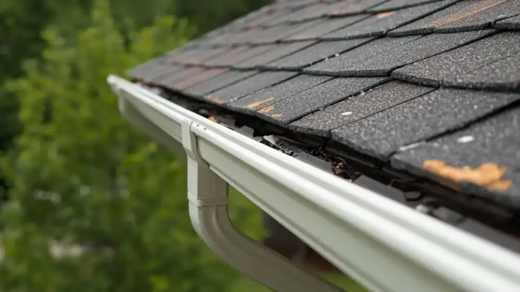 Clogged gutters causing water overflow and roof damage