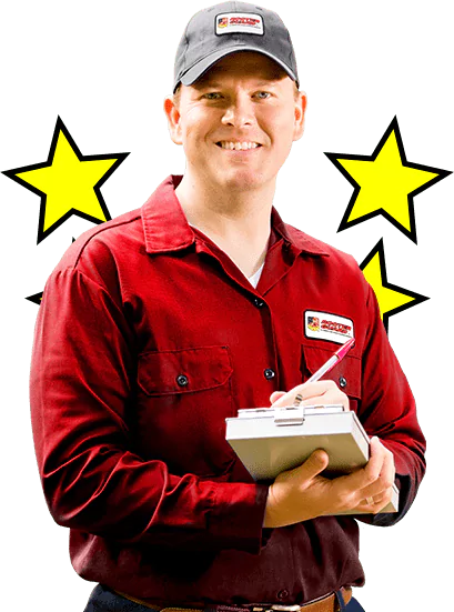 A man in a red work shirt and black cap holds a notepad and pen, smiling, with three yellow stars in the background.
