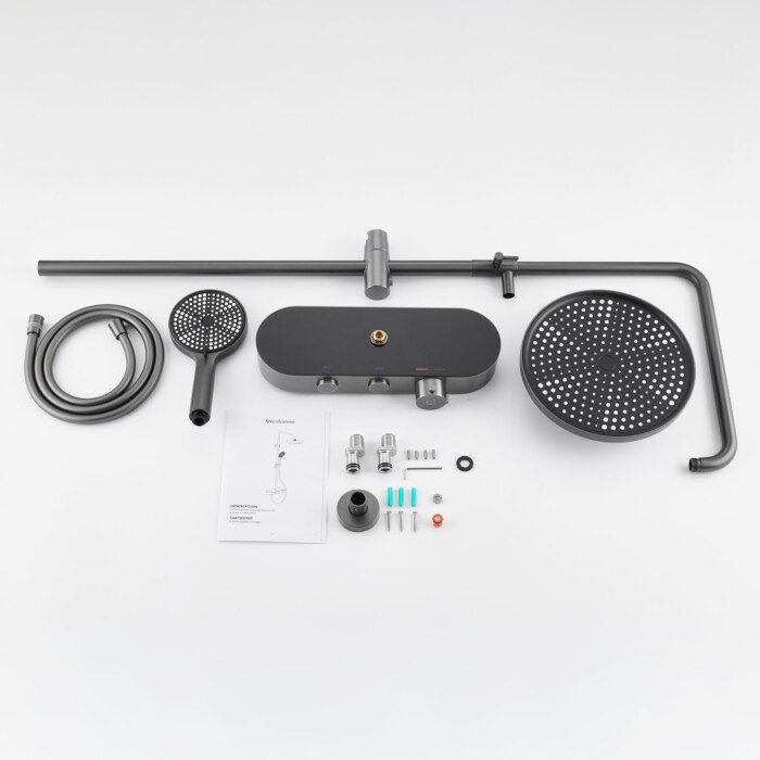 Round Type Gunmetal Exposed Pipe Bar Thermostatic Shower Column With Hand Shower Push Button Control - Image 8