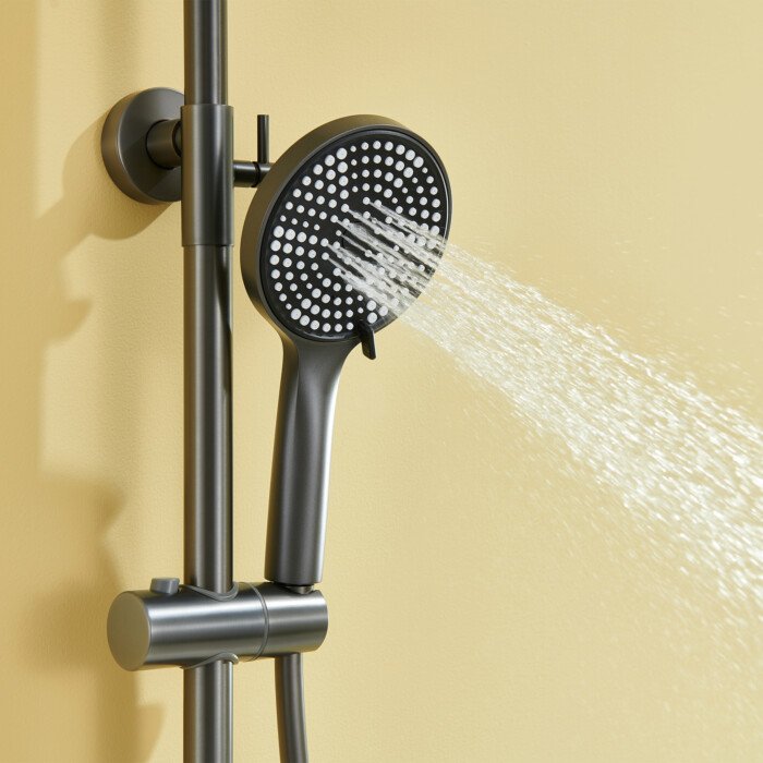 Round Type Gunmetal Exposed Pipe Bar Thermostatic Shower Column With Hand Shower Push Button Control - Image 4