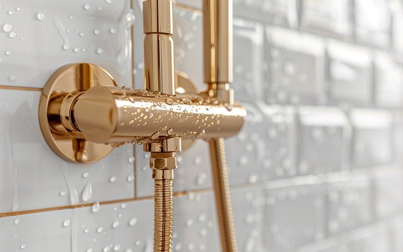 material for shower systems blog hero banner - a brushed gold shower column with water spot