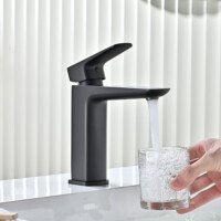 Matte black bathroom faucet with single hole luxury modern sleek design main photo