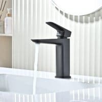 Matte black bathroom faucet with single hole luxury modern sleek design main photo display in different angle 2
