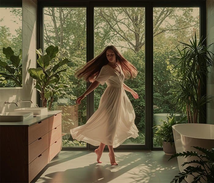 rosana dancing in bathroom