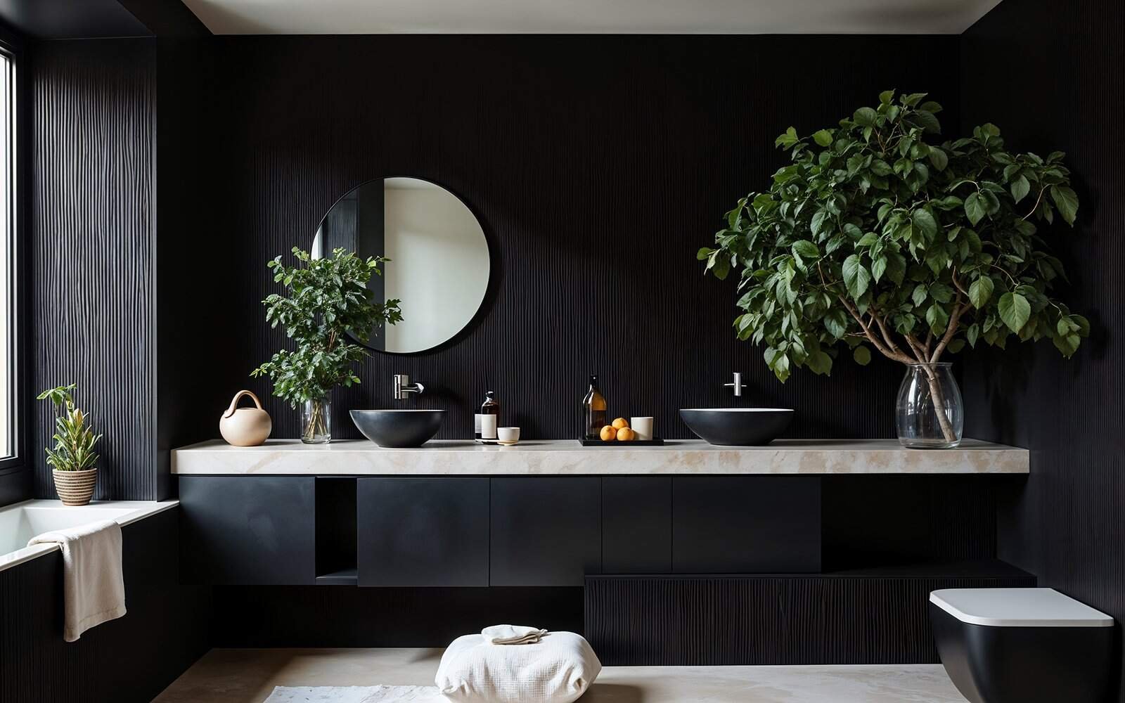 A biophilic bathroom with a luxury shower