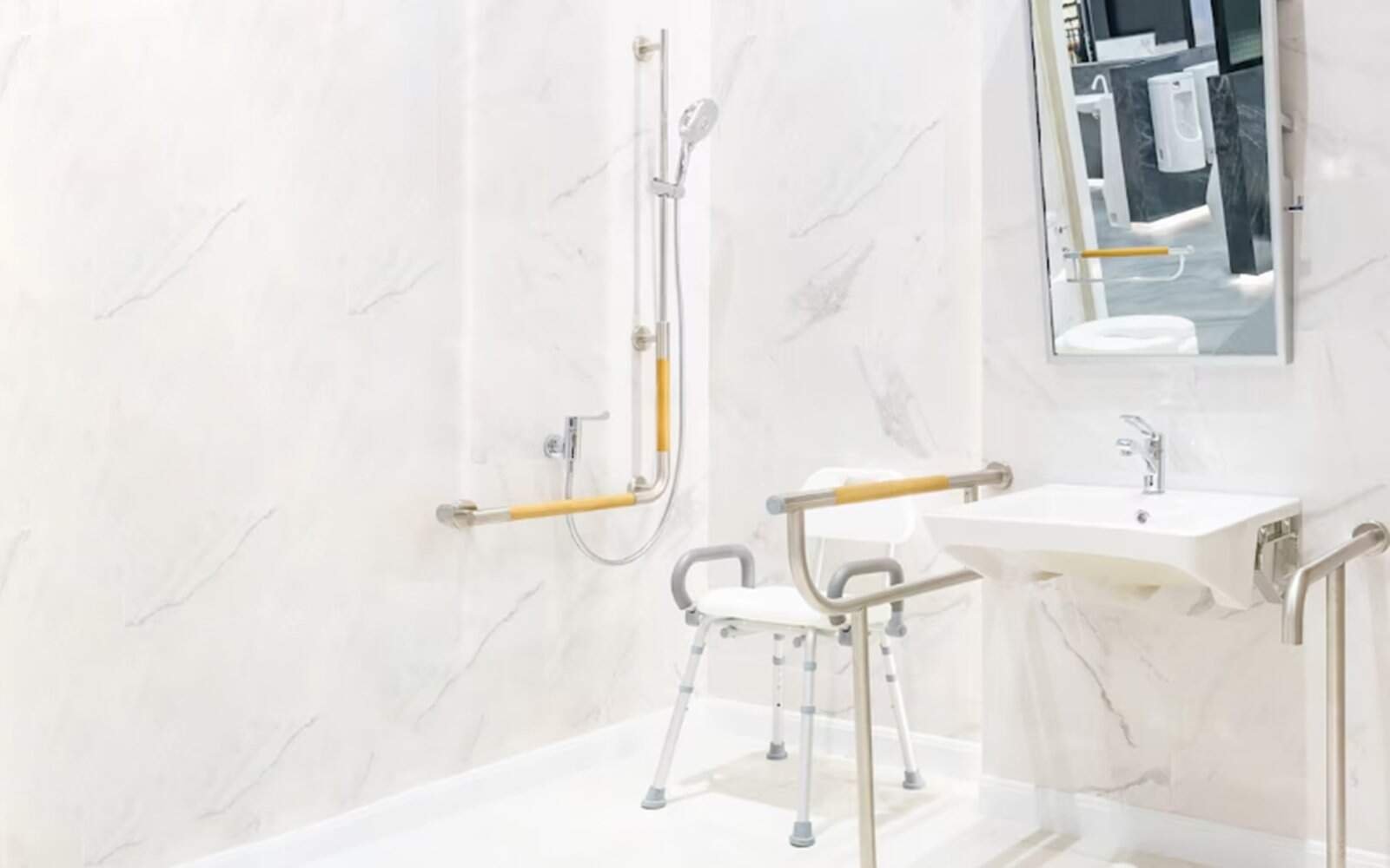 ADA shower fixture with bars and shower seat