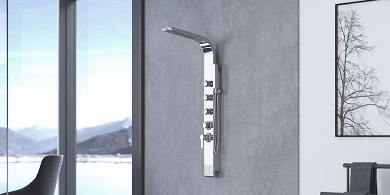 A sleek, all-in-one integrated shower panel system with rainfall head, handheld wand, and body jets, offering a modern bathroom upgrade.