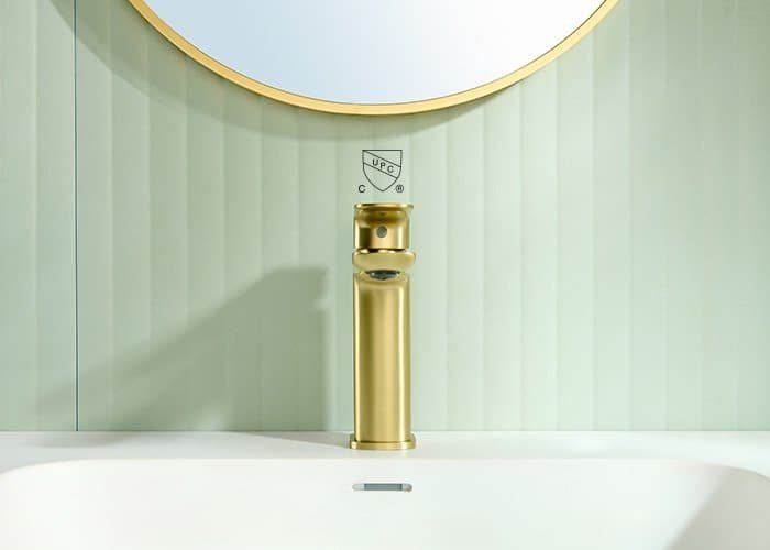 UPC certification display of the PVD brushed gold bathroom faucet with single handle sleek modern design - B00201431