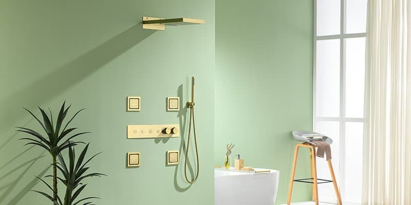 A stylish, modern shower space featuring a sleek shower system that enhances the overall bathroom aesthetic