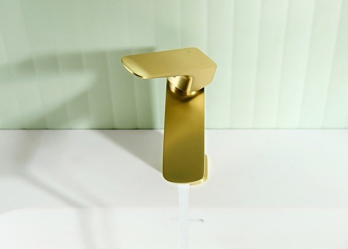 single handle display look down of PVD brushed gold bathroom faucet with single handle sleek modern design B00201431