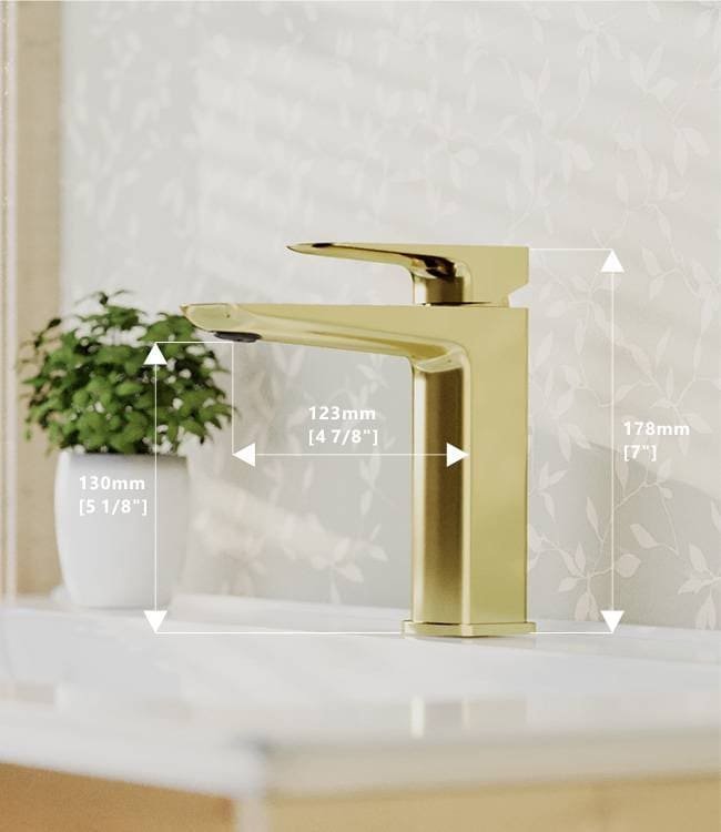 size of brushed gold bathroom faucet with single handle sleek modern design - B00201431