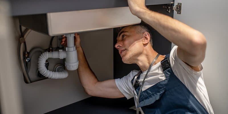 Man carefully examining bottom of sink and pipe A hand turning an angle stop valve under a sink 800400