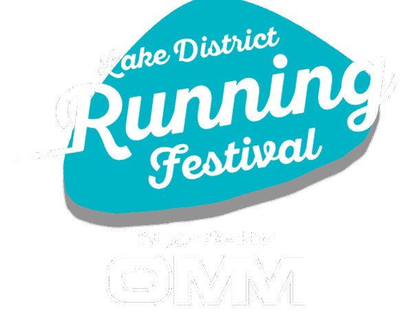 Running Lakes District Running Festival logo, digital badge, promoting a vibrant running event supported by OMM, highlighting community, outdoor endurance, and fitness activities in the Lake District area.