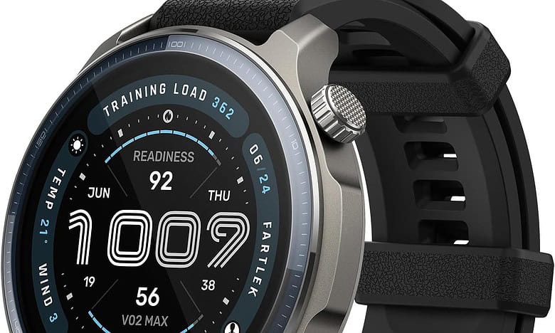 Modern GPS running smartwatch with advanced fitness tracking, heart rate monitor, VO2 max, recovery time, and training load features for athletes and running enthusiasts.