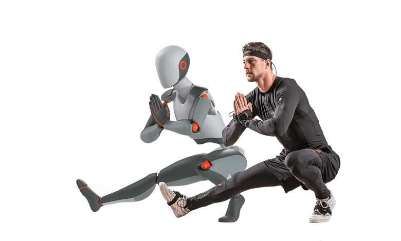 Futuristic robot and male athlete performing stretching exercises for running, demonstrating the integration of robotics and fitness training.