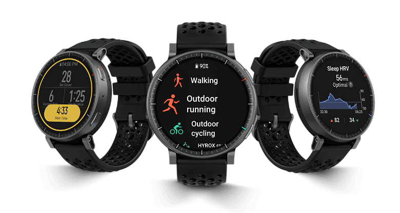 1. Modern fitness smartwatch displaying running, cycling, and sleep tracking features for runners and outdoor enthusiasts.
