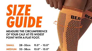 Running sock size guide showing measurements for small, medium, large, XL, and XXL sizes with a runner's leg in the background.