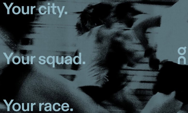 A runner in motion during a race, emphasizing speed and athleticism, with motivational text overlay about city, squad, and race.
