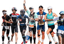 Group of diverse marathon runners in action during a race, showcasing athleticism and determination.