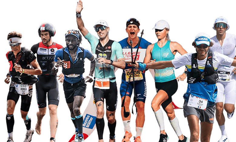 Group of diverse marathon runners in action during a race, showcasing athleticism and determination.
