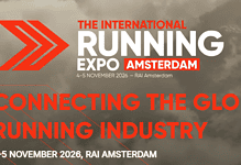 International Running Expo Amsterdam 2026 banner with event details and theme of connecting the global running industry.