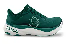 Green Topo Athletic running shoe with cushioned sole and breathable upper, ideal for running and athletic activities.