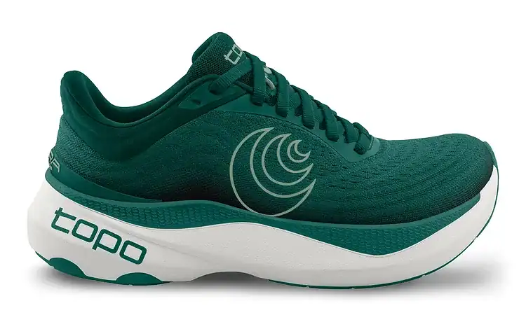 Green Topo Athletic running shoe with cushioned sole and breathable upper, ideal for running and athletic activities.