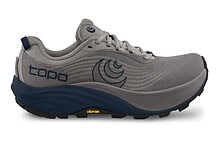 Light grey and navy blue trail running shoe with Vibram sole, designed for outdoor running and trail adventures.