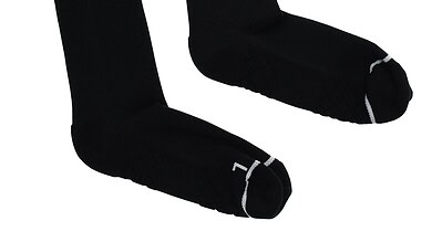 Pair of black Velocity Performance Crew Socks for adults, designed for running and athletic activities.