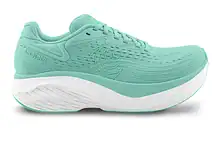 Light green running shoe with cushioned sole, designed for comfort and performance, ideal for runners seeking support and durability.