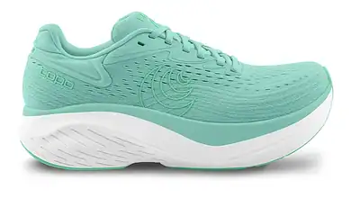 Light green running shoe with cushioned sole, designed for comfort and performance, ideal for runners seeking support and durability.