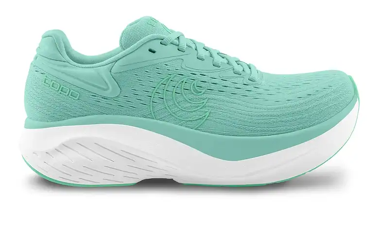Light green running shoe with cushioned sole, designed for comfort and performance, ideal for runners seeking support and durability.