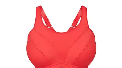Red sports bra designed for running and athletic activities, featuring supportive straps and breathable fabric.
