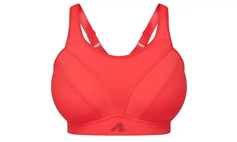 Red sports bra designed for running and athletic activities, featuring supportive straps and breathable fabric.