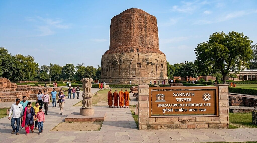 सारनाथ येथील धमेख स्तूप आणि अशोक स्तंभाचे ऐतिहासिक दृश्य