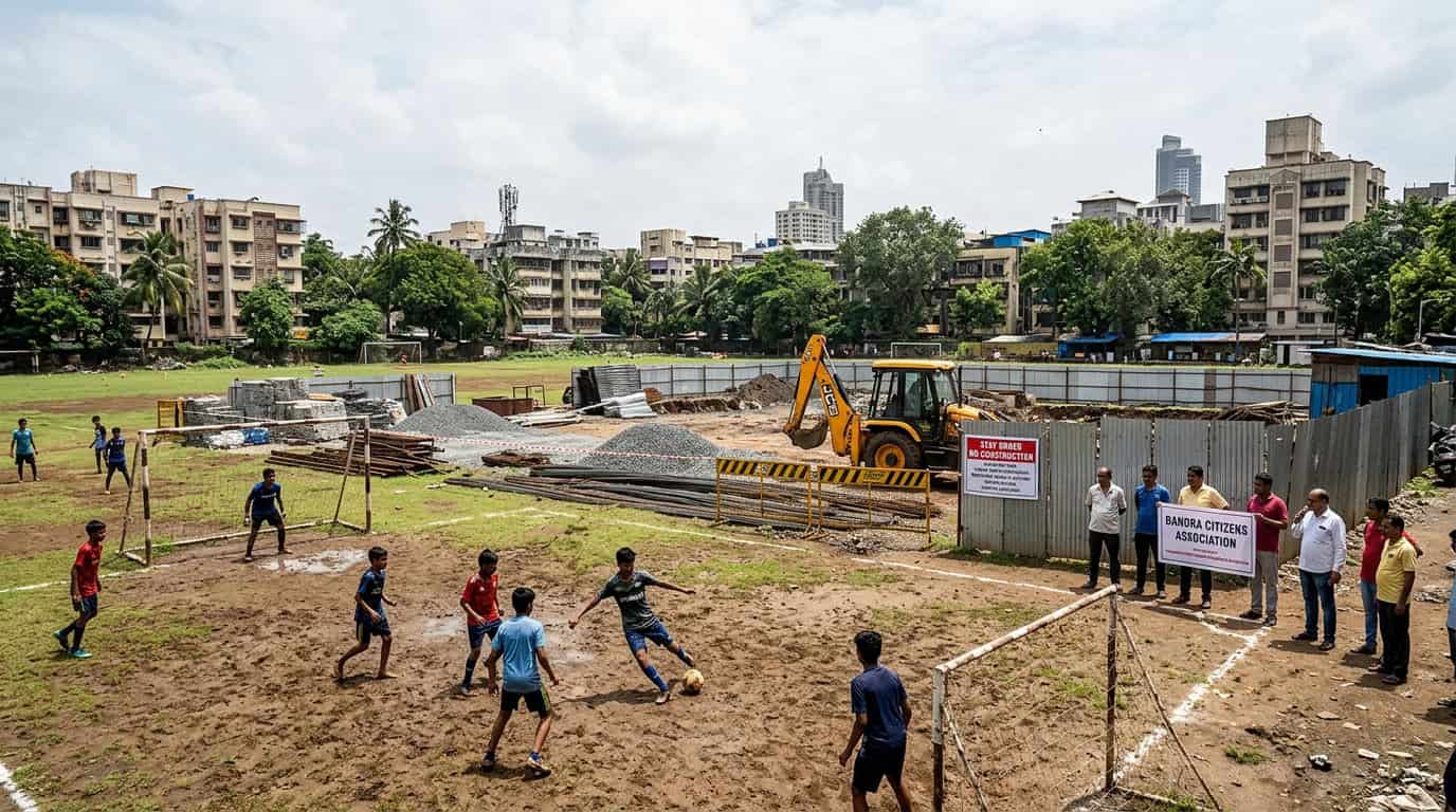 वांद्रे येथील फुटबॉल मैदान आणि मुंबई उच्च न्यायालयाचा निर्णय दर्शवणारे चित्र