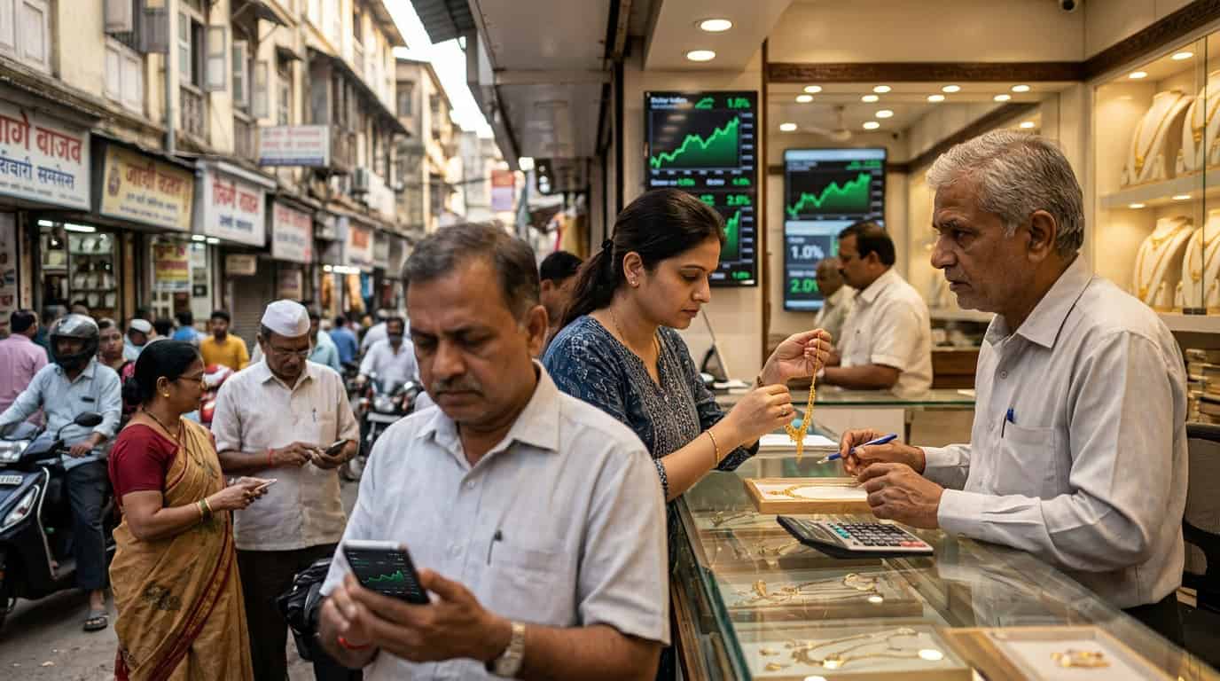 सोन्याच्या दरात वाढ दर्शवणारी सराफा बाजारातील प्रतिमा