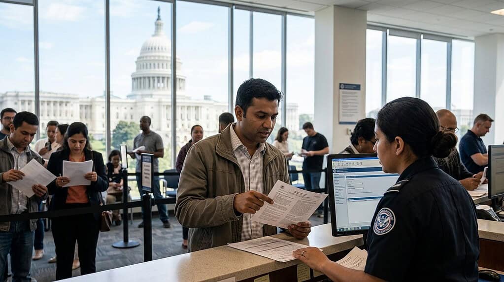 अमेरिकेतील ग्रीन कार्ड नवीन नियम आणि USCIS कार्यालय दर्शवणारे चित्र
