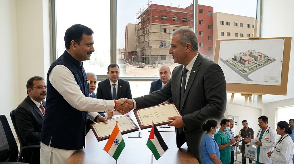 भारत आणि पॅलेस्टाईन यांच्यातील आरोग्य सामंजस्य कराराचा प्रसंग