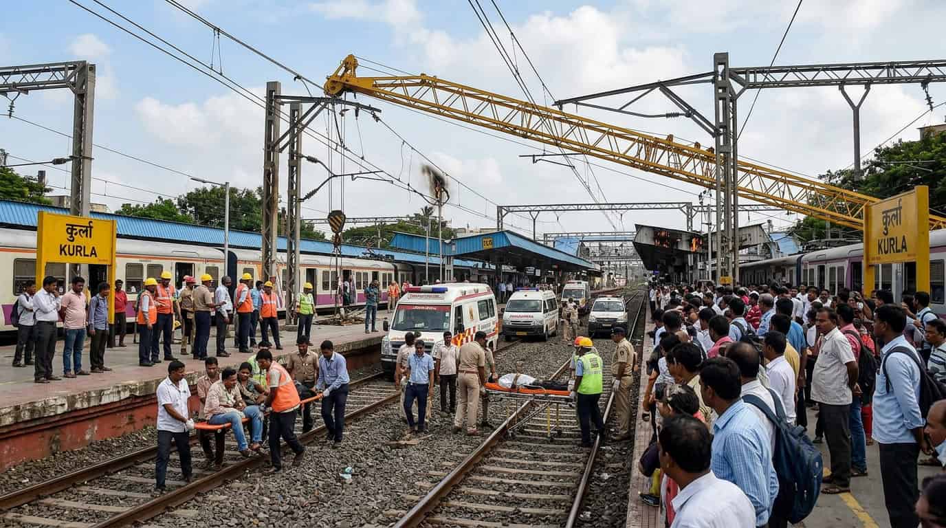 कुर्ला रेल्वे स्थानकाजवळ ओव्हरहेड वायरवर कोसळलेली क्रेन आणि घटनास्थळी बचाव कार्य