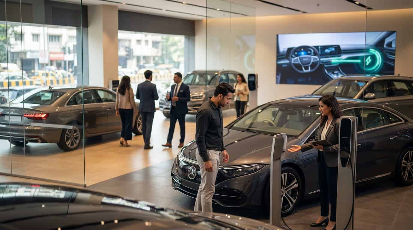 मर्सिडीज बीएमडब्ल्यू लक्झरी कार आणि इलेक्ट्रिक वाहन बाजार स्पर्धा दर्शवणारे चित्र