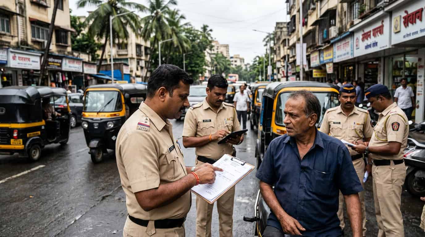 मुंबईतील रस्त्यावर रिक्षा चालकांची तपासणी करताना परिवहन विभागाचे अधिकारी