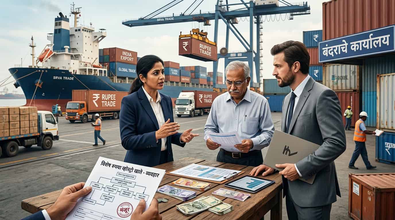 रुपया आंतरराष्ट्रीय व्यापार आणि व्होस्ट्रो खाते धोरण दर्शवणारे चित्र
