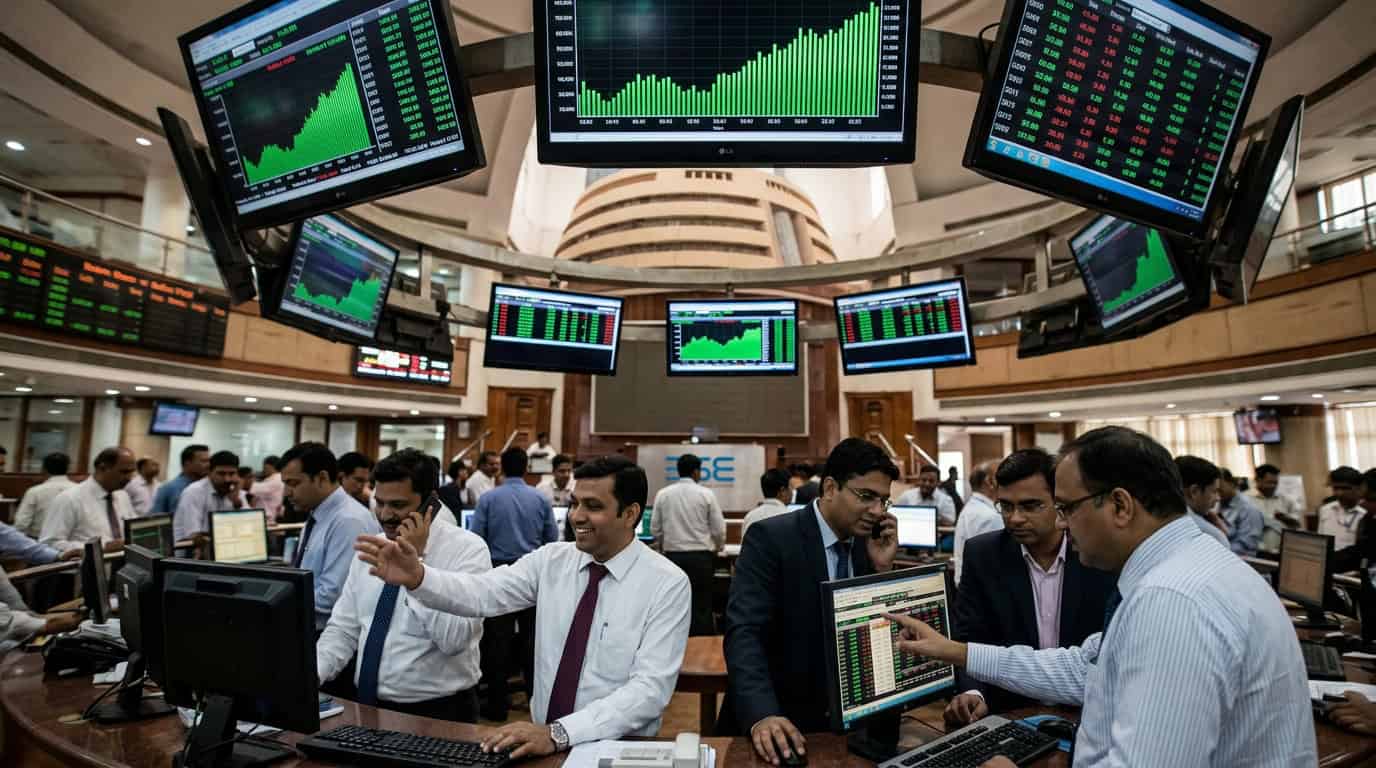 मुंबई शेअर बाजारात सेन्सेक्स निफ्टी तेजीचे प्रतिकात्मक चित्र
