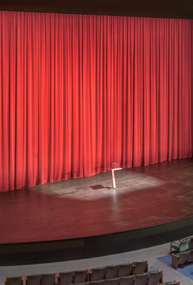 Seattle,United States,Stage with red curtains in an empty auditorium.