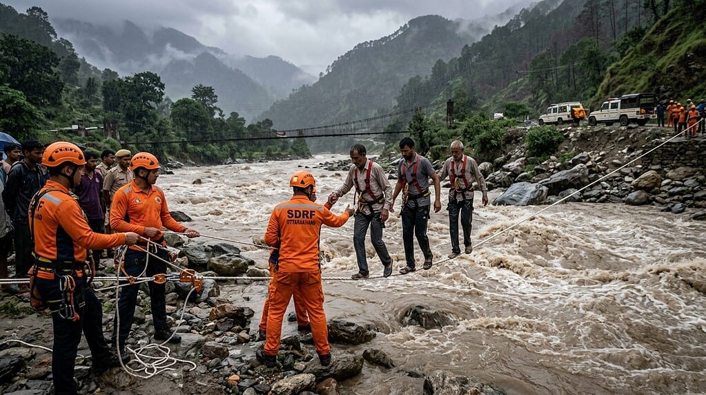 चंपावत येथे एसडीआरएफ जवानांकडून पुरात अडकलेल्या नागरिकांची सुटका मोहीम