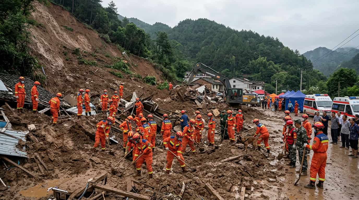 जिआंगशी प्रांतातील भूस्खलन स्थळी सुरू असलेले बचावकार्य