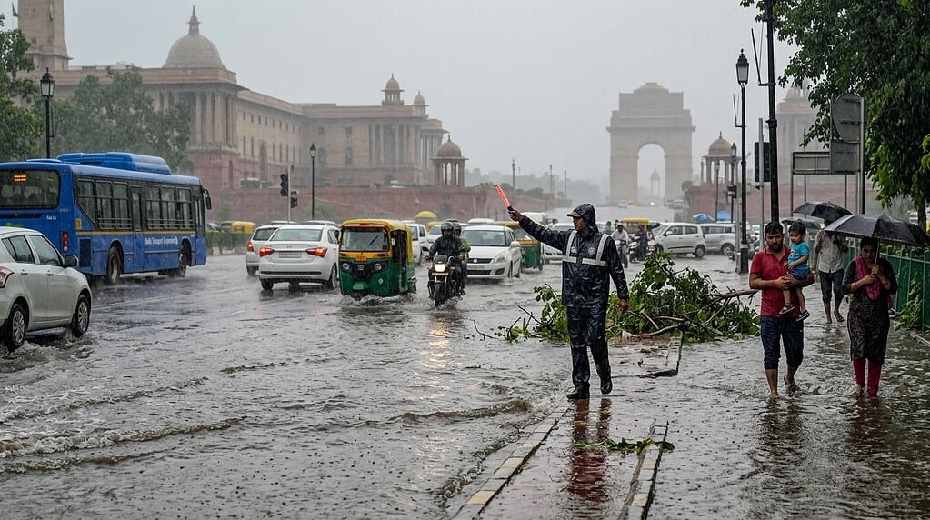नवी दिल्लीत मुसळधार पावसामुळे रस्त्यावर साचलेले पाणी आणि वाहतूक कोंडी