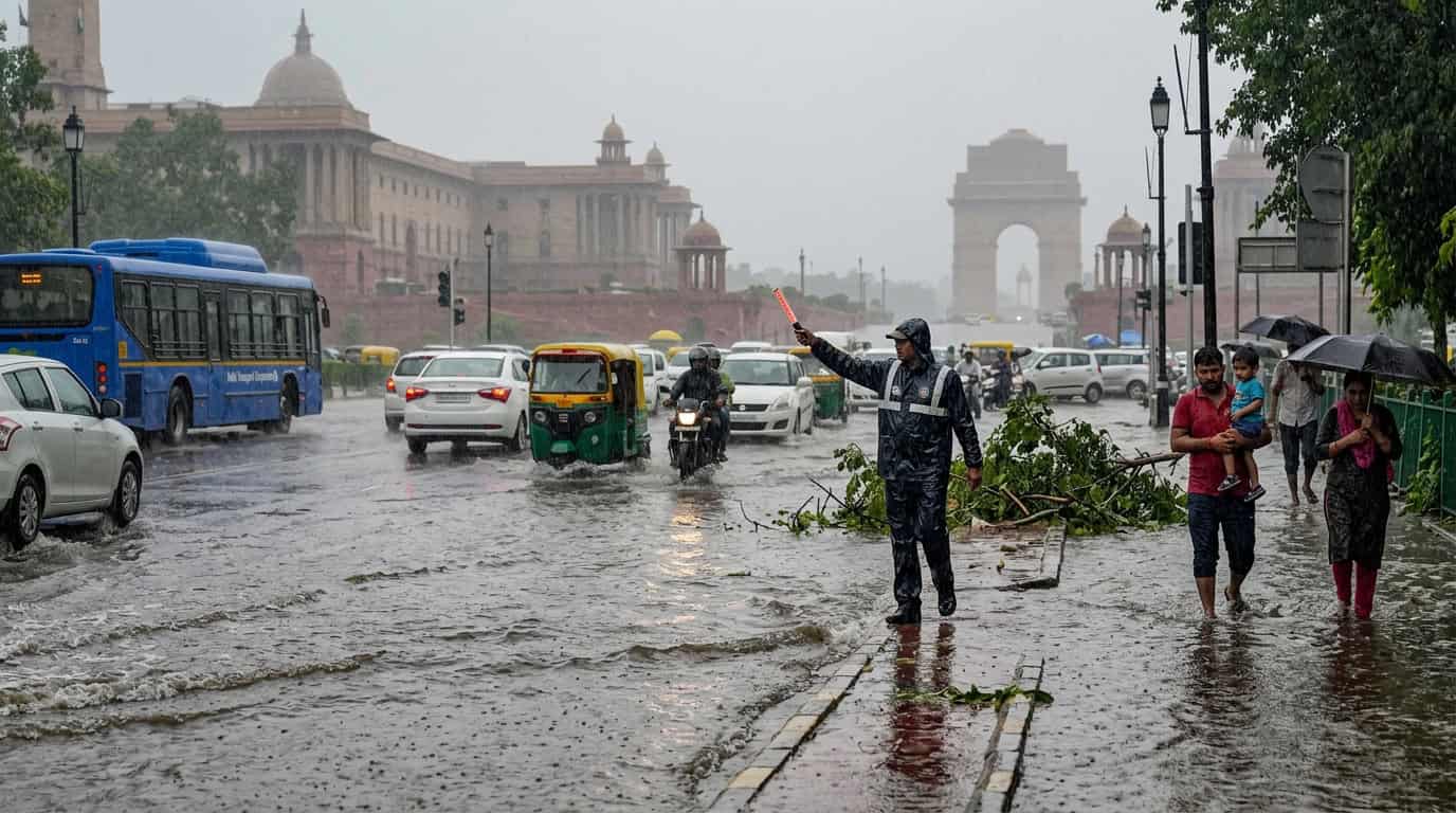नवी दिल्लीत मुसळधार पावसामुळे रस्त्यावर साचलेले पाणी आणि वाहतूक कोंडी